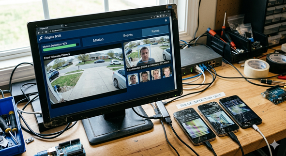 Frigate NVR dashboard running alongside the phone cluster