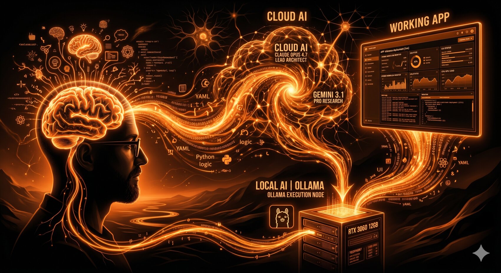 Human routing decisions between Cloud AI and Local AI Ollama node feeding the working app