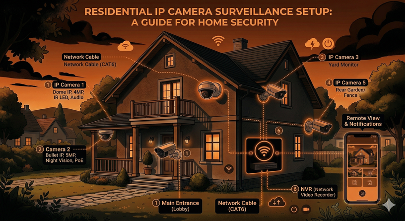 Nine IP cameras feeding into a Frigate NVR dashboard with AI object detection overlays