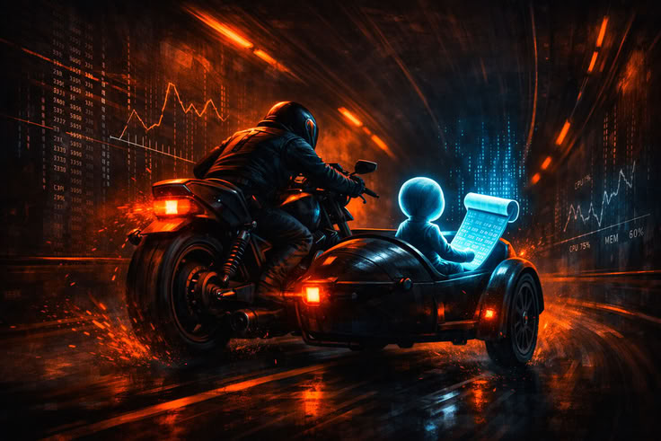 A motorcycle with a sidecar racing through a neon-lit tunnel, representing the sidecar pattern